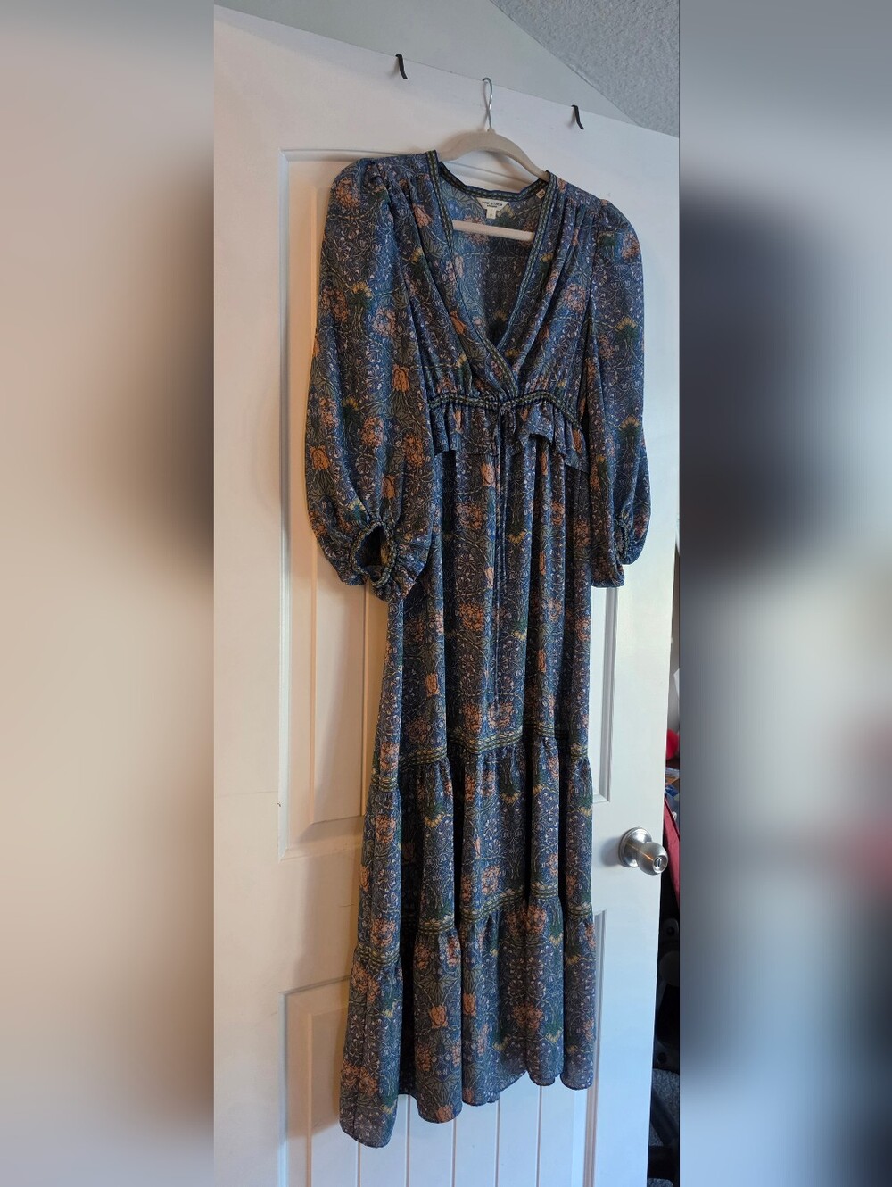 Max Studio Navy Blue Floral Maxi Dress with Puff Sleeves